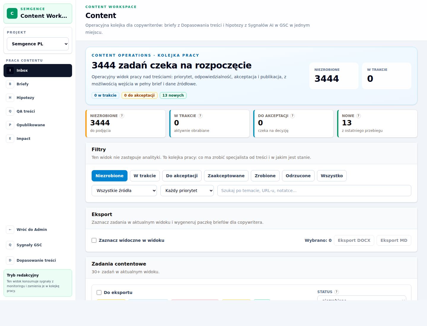 Kolejka contentowa z briefami i statusami pracy